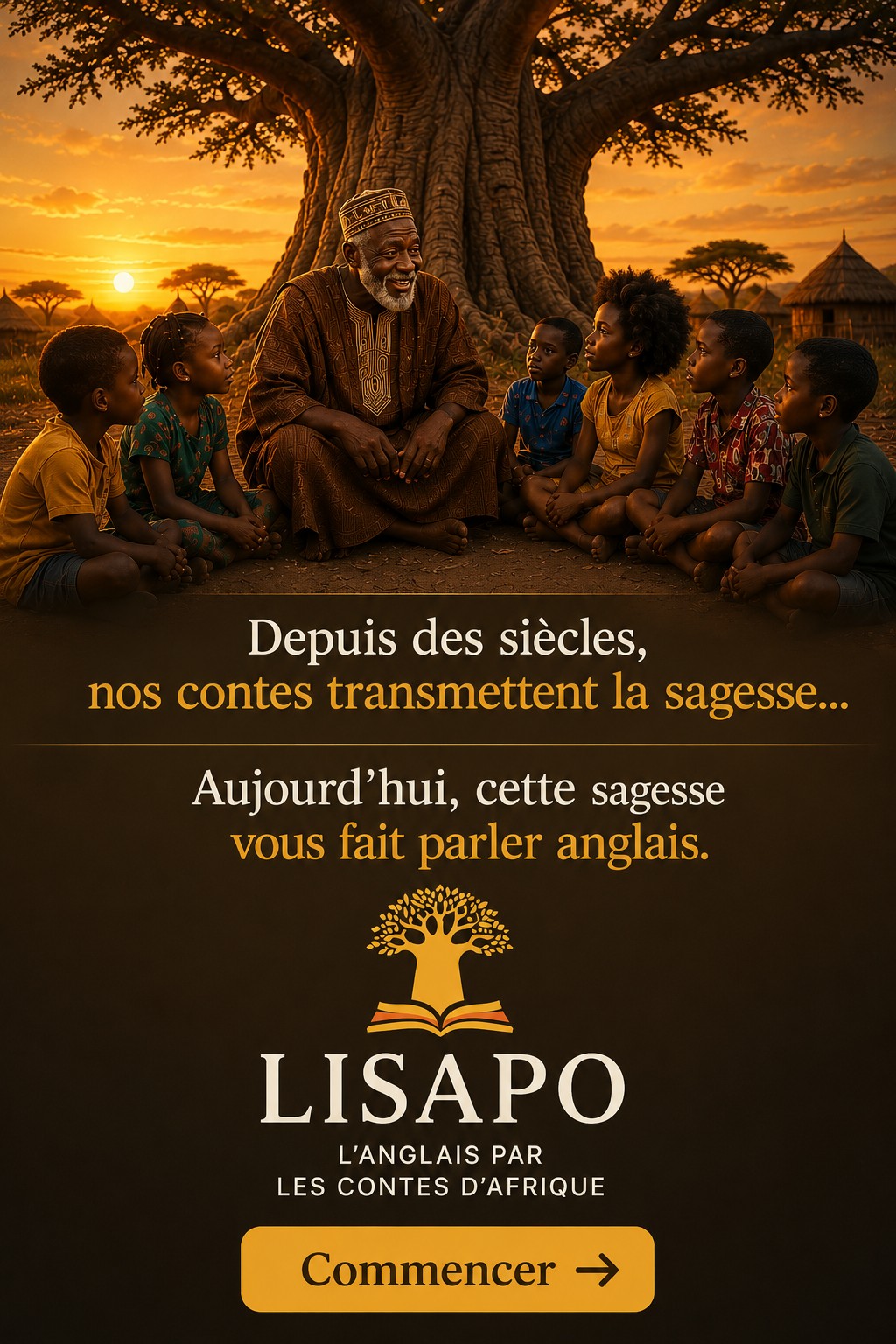 Un grand-père conteur sous le baobab au coucher du soleil